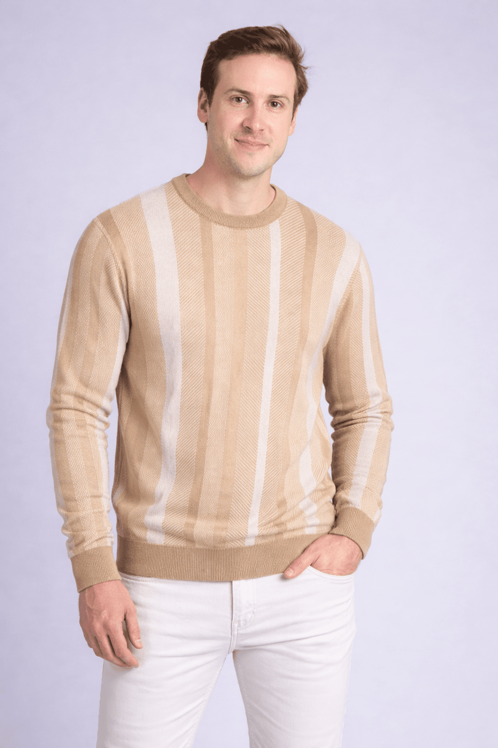 Men’s Beige Striped Crew Neck Sweater Men's sweater - Monterowindia