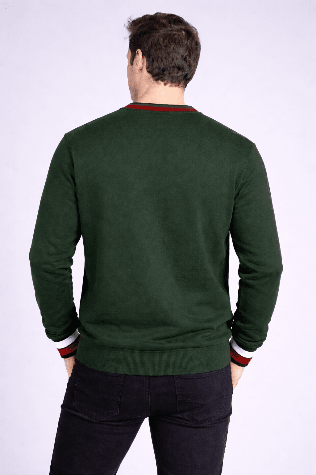 Men's Forest Green Varsity Style Crew Neck Sweater – with "09" Detail & Striped Cuffs Men's sweater - Monterowindia