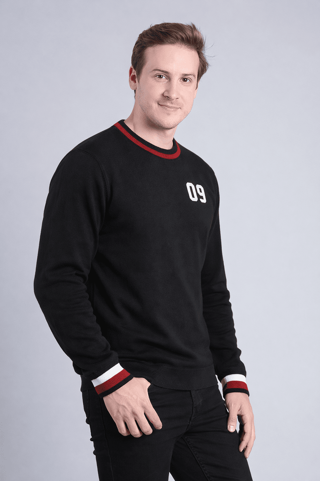 Men's Forest Green Varsity Style Crew Neck Sweater – with "09" Detail & Striped Cuffs Men's sweater - Monterowindia