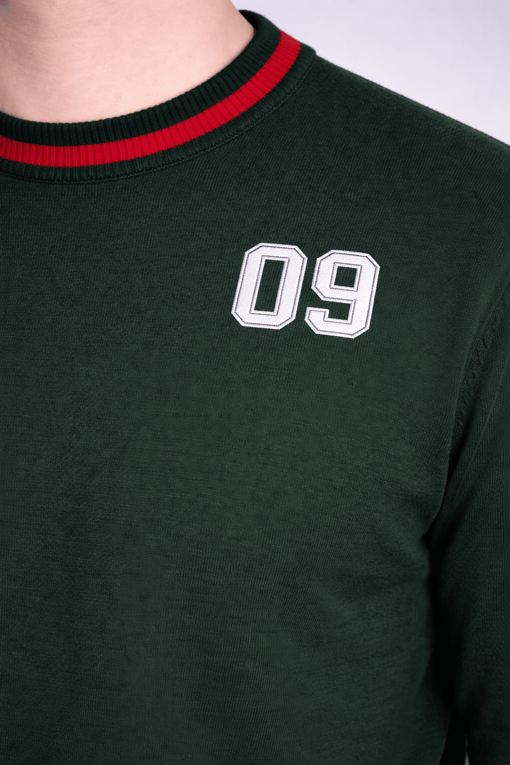 Men's Forest Green Varsity Style Crew Neck Sweater – with "09" Detail & Striped Cuffs Men's sweater - Monterowindia