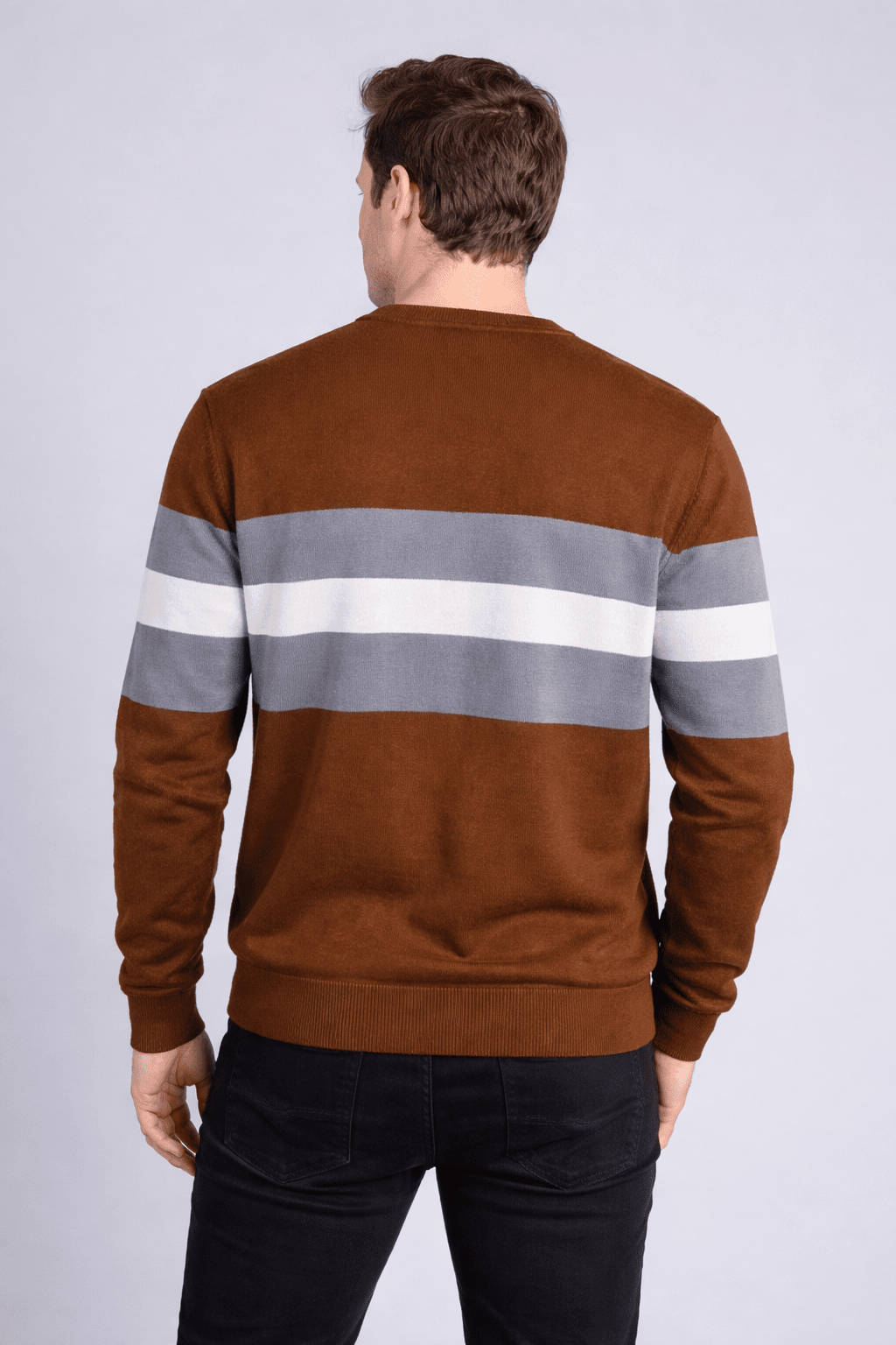 Men's Classic Colorblock Stripe Crew Neck Sweater – Rust Brown with Grey & White Accents Men's sweater - Monterowindia