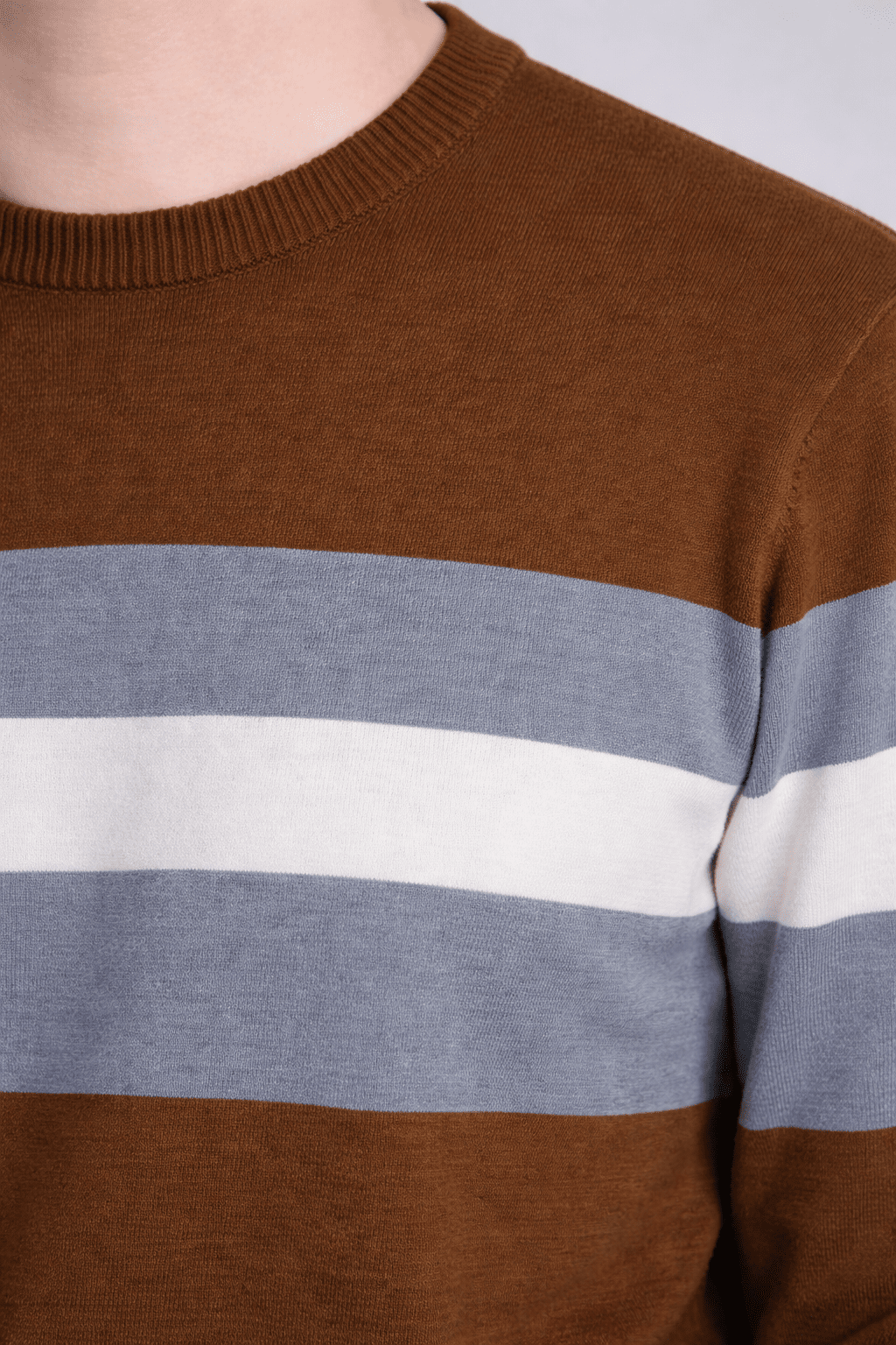 Men's Classic Colorblock Stripe Crew Neck Sweater – Rust Brown with Grey & White Accents Men's sweater - Monterowindia