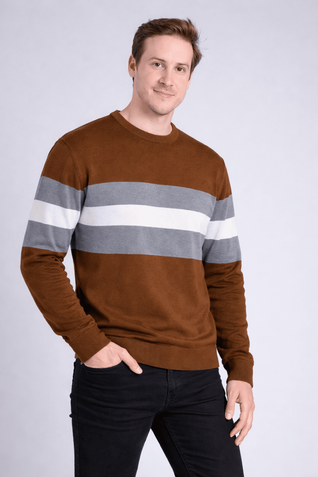 Men's Classic Colorblock Stripe Crew Neck Sweater – Rust Brown with Grey & White Accents Men's sweater - Monterowindia