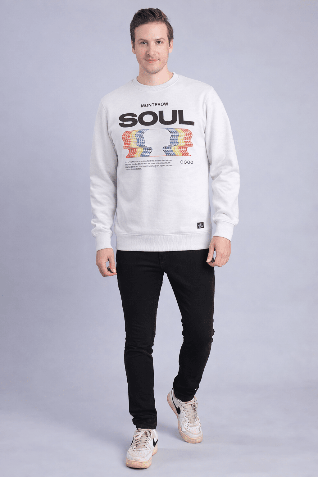 Men's White Graphic Sweatshirt – "Monterow Soul" Rainbow Print Men's Sweatshirt - Monterowindia