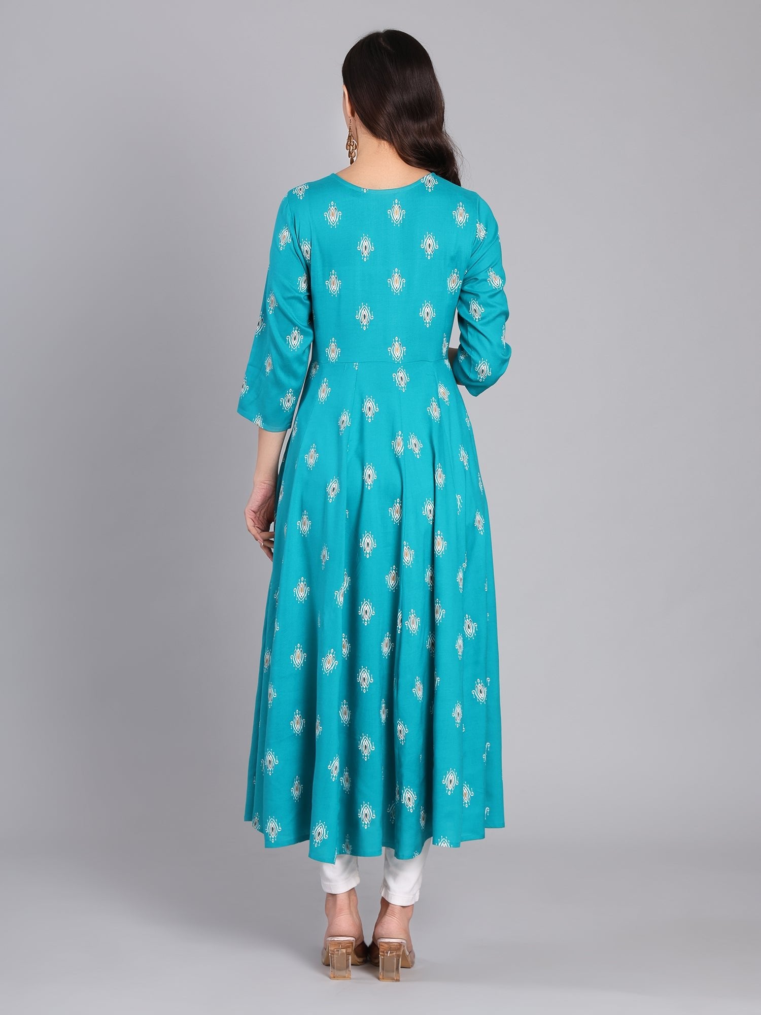 Grace in Every Step – Stunning Turquoise Print Kurta for Effortless Elegance Women's Kurti - Monterowindia