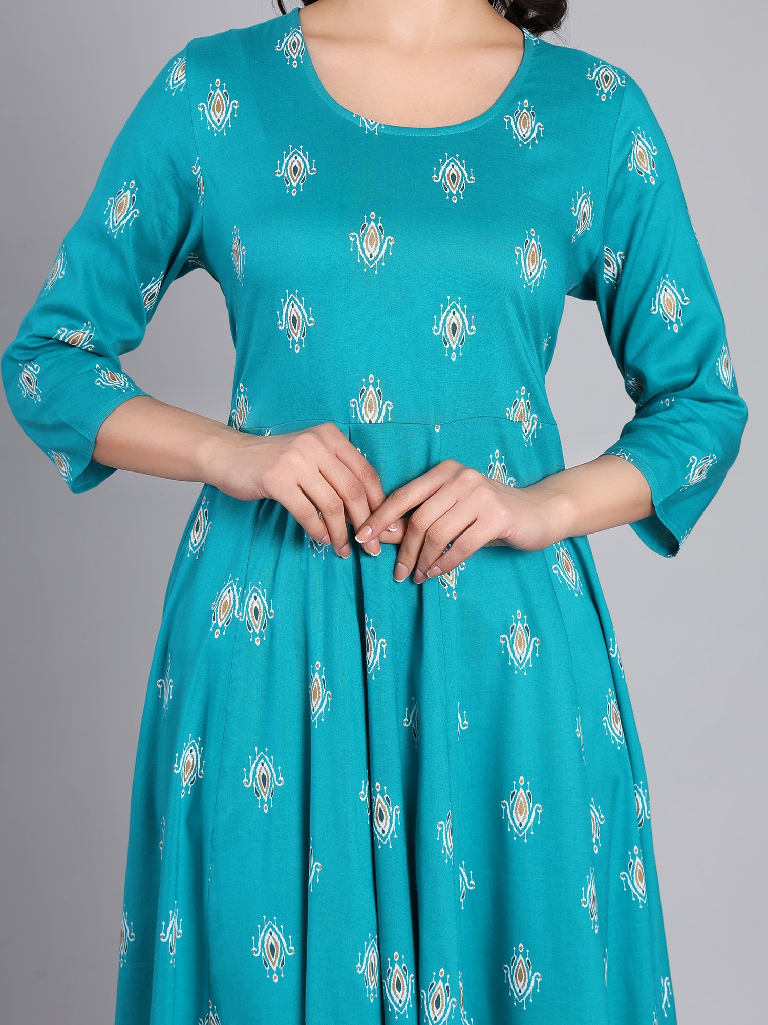 Grace in Every Step – Stunning Turquoise Print Kurta for Effortless Elegance Women's Kurti - Monterowindia