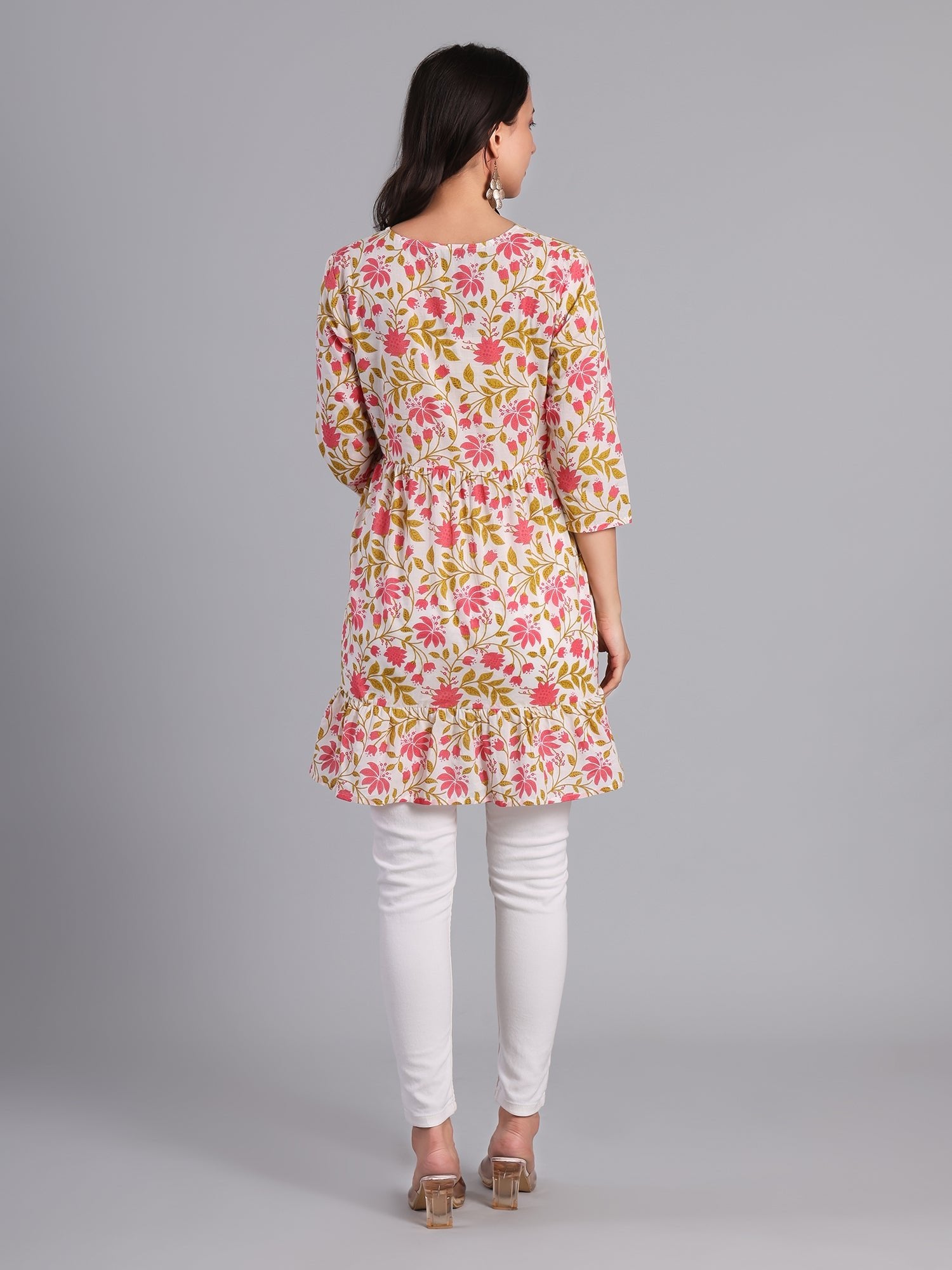 Floral Printed V - neck Kurti for Women in Pastel Colors Women's Kurti - Monterowindia