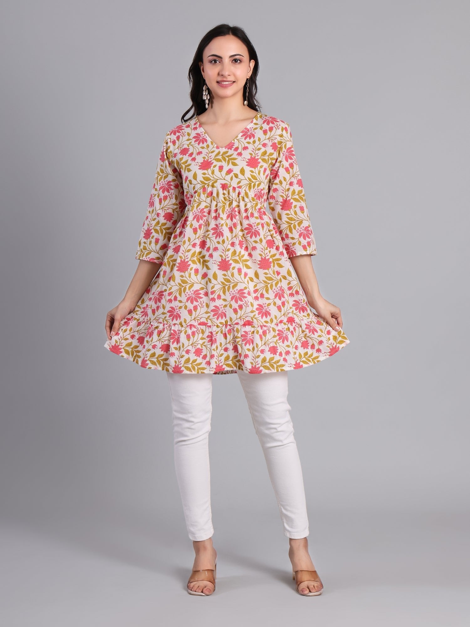 Floral Printed V - neck Kurti for Women in Pastel Colors Women's Kurti - Monterowindia