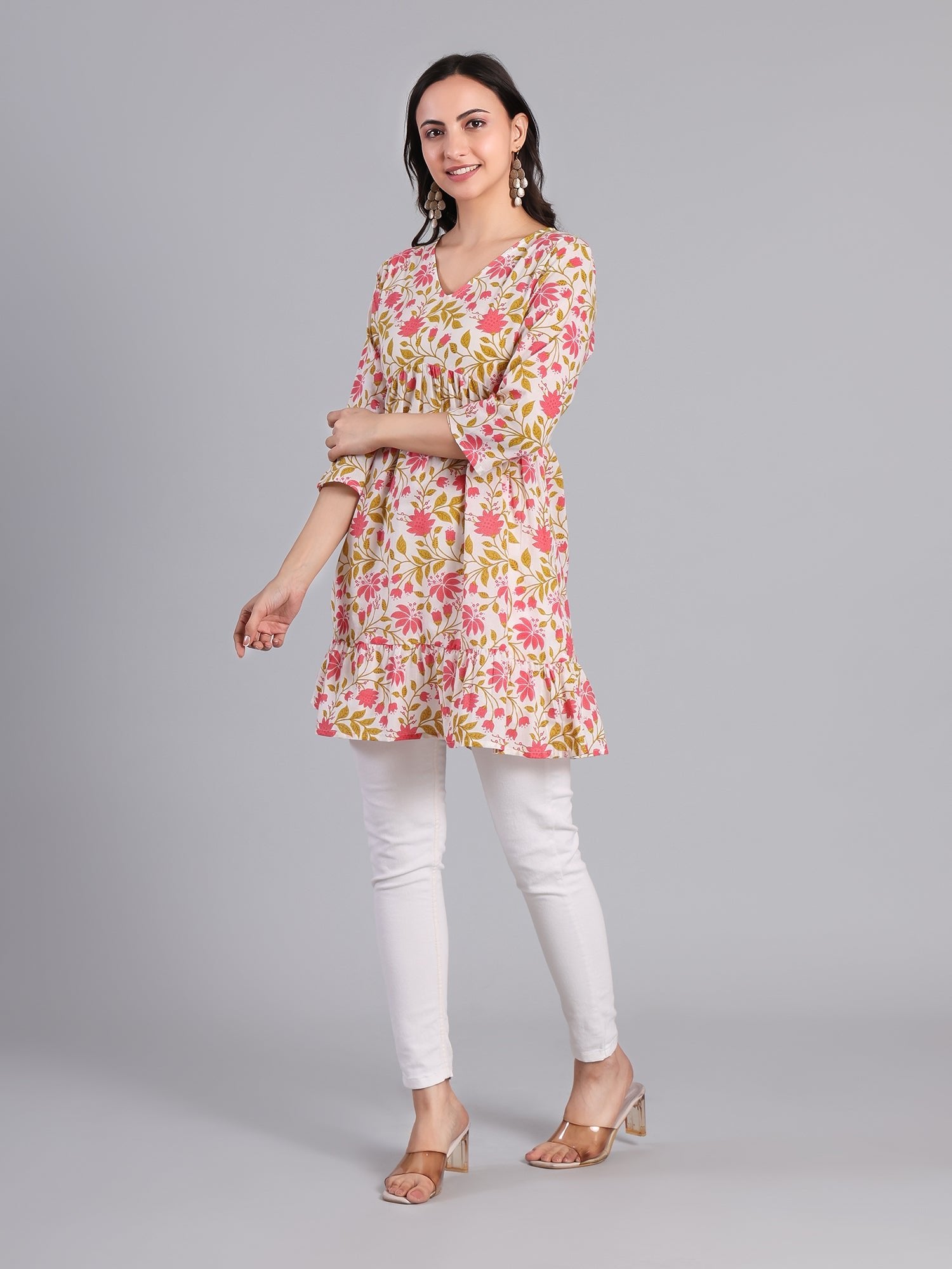 Floral Printed V - neck Kurti for Women in Pastel Colors Women's Kurti - Monterowindia