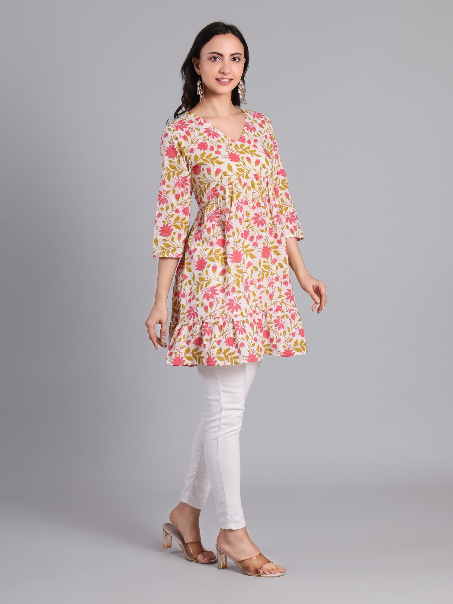 Floral Printed V - neck Kurti for Women in Pastel Colors Women's Kurti - Monterowindia