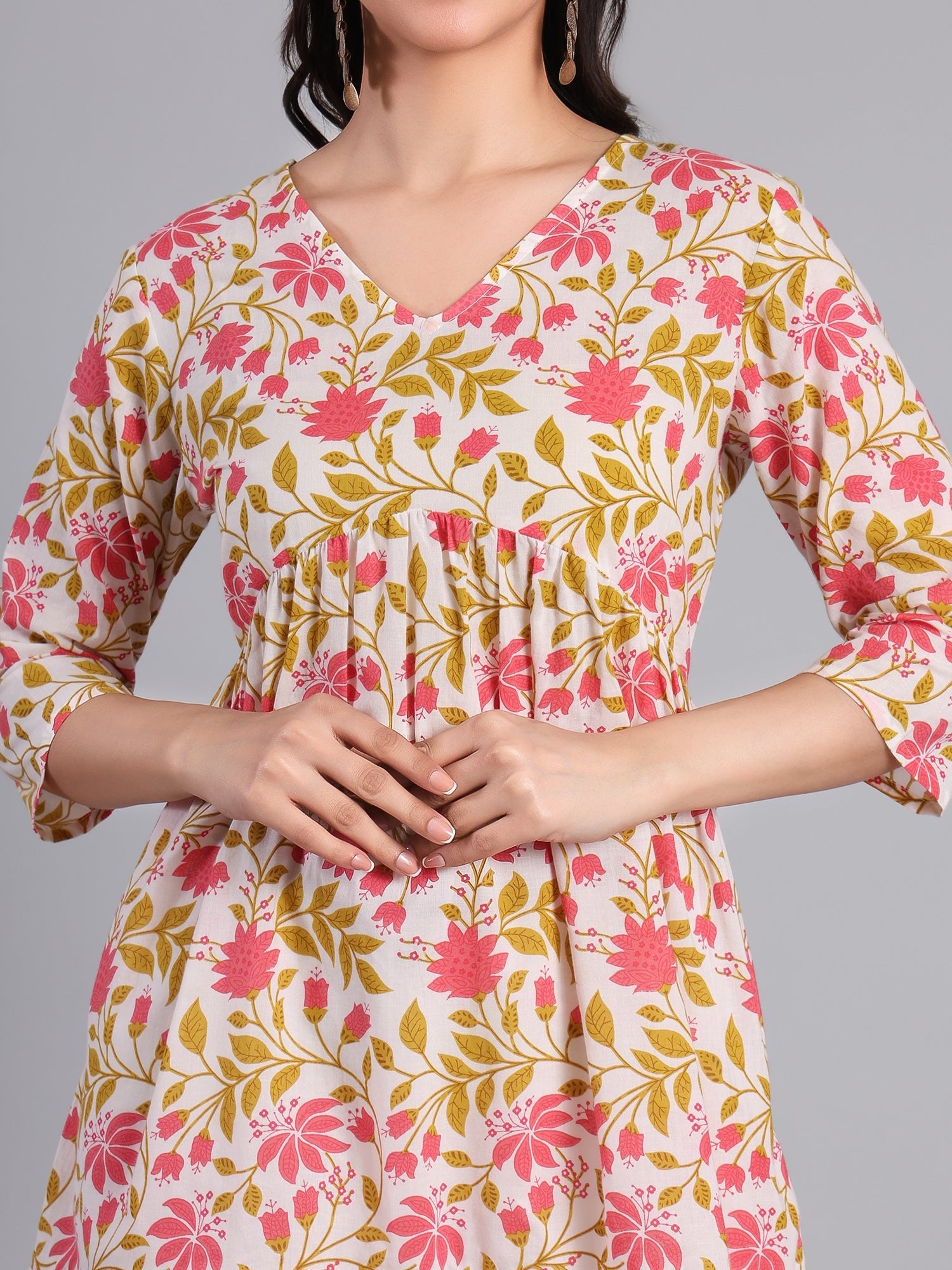 Floral Printed V - neck Kurti for Women in Pastel Colors Women's Kurti - Monterowindia