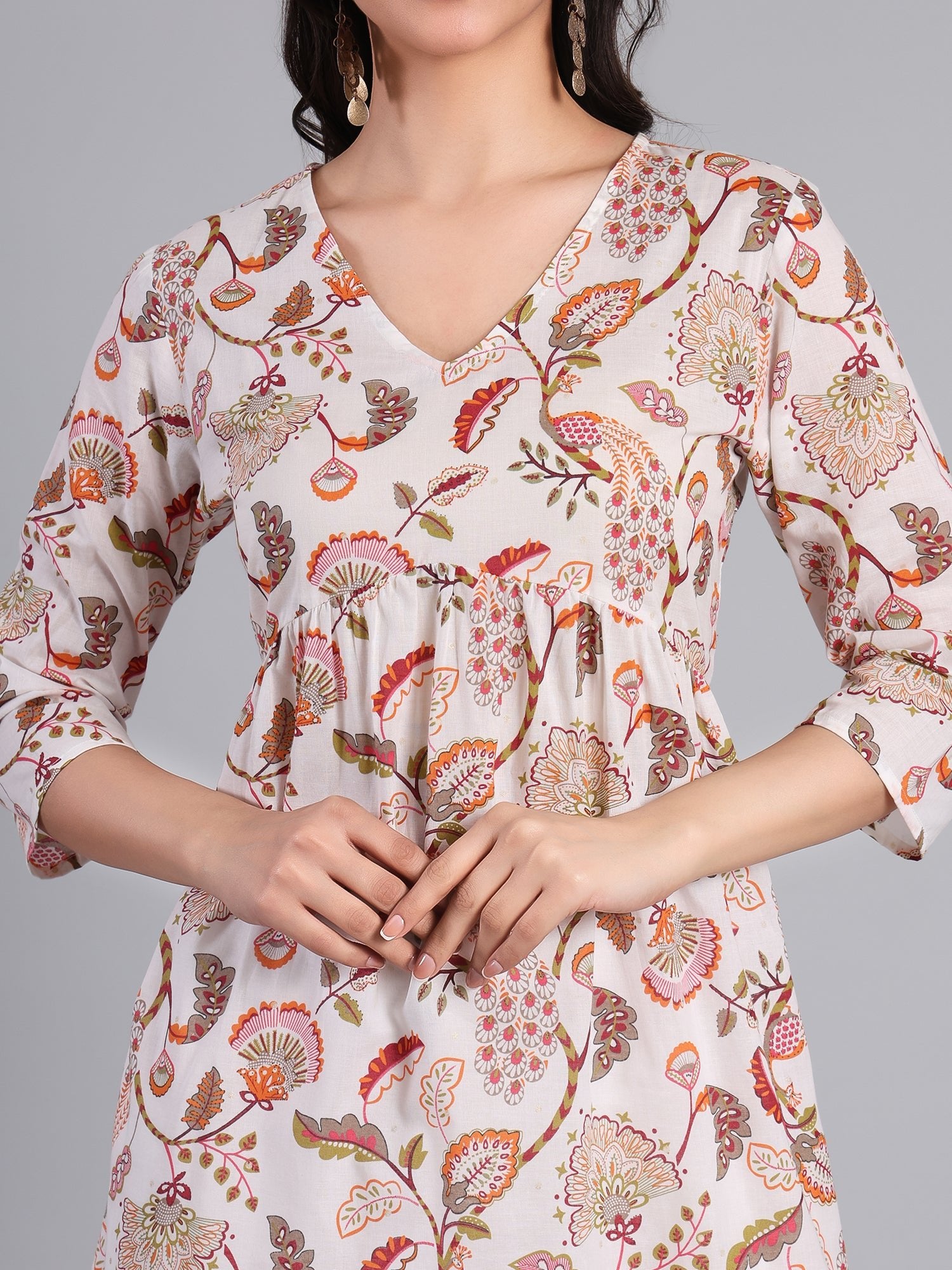 Women's Floral Print Cotton Kurti in Soft Peach Women's Kurti - Monterowindia