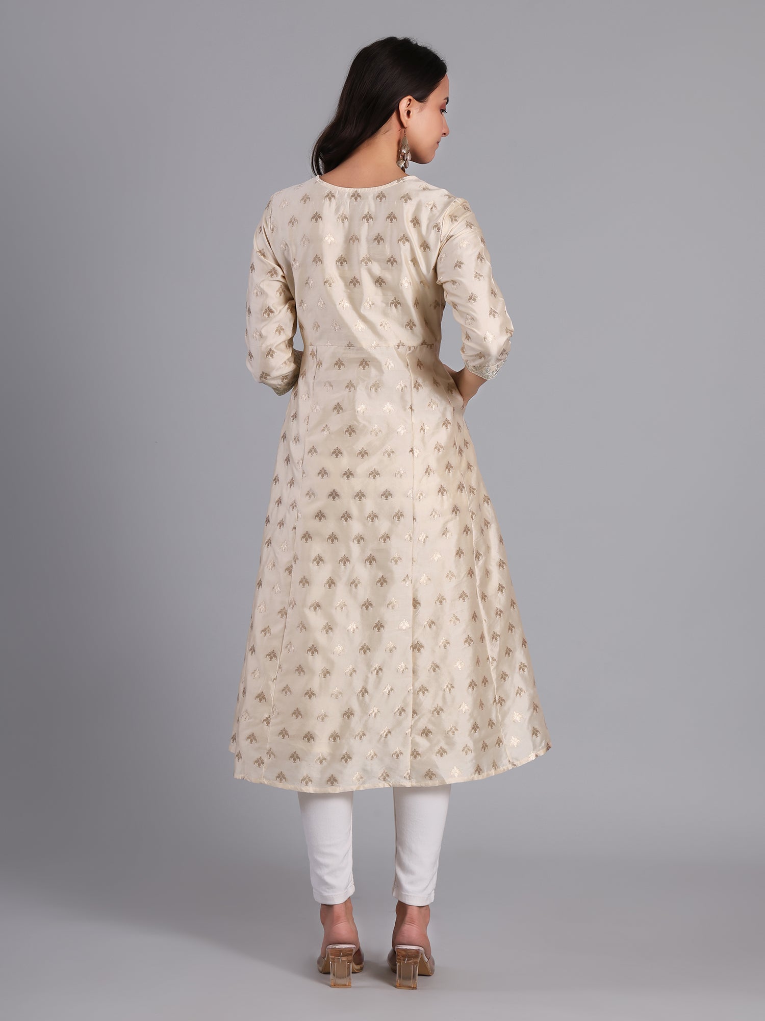 Elegant Gold Embroidered Beige Kurti with V - neckline for Women Women's Kurti - Monterowindia