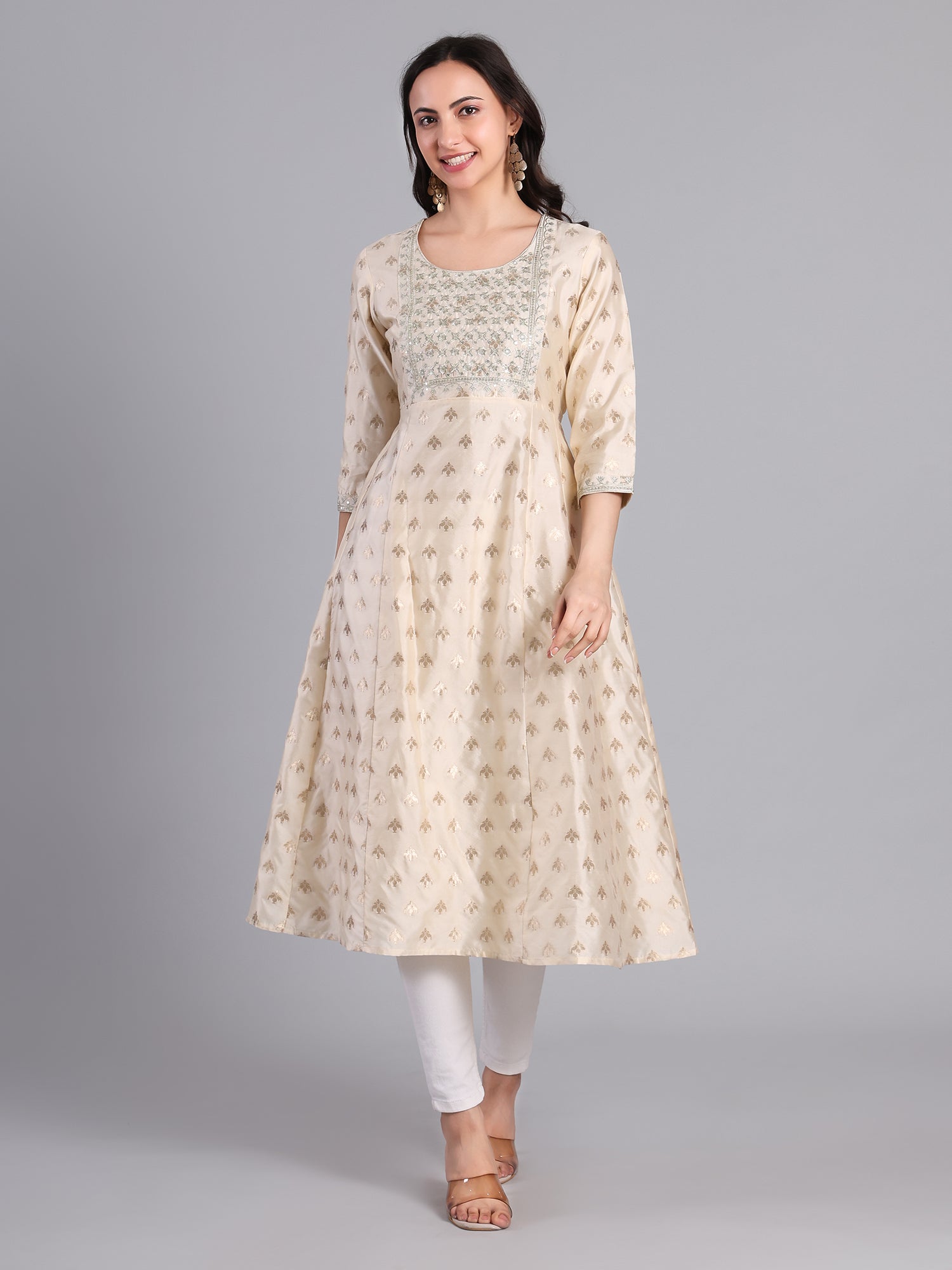 Elegant Gold Embroidered Beige Kurti with V - neckline for Women Women's Kurti - Monterowindia