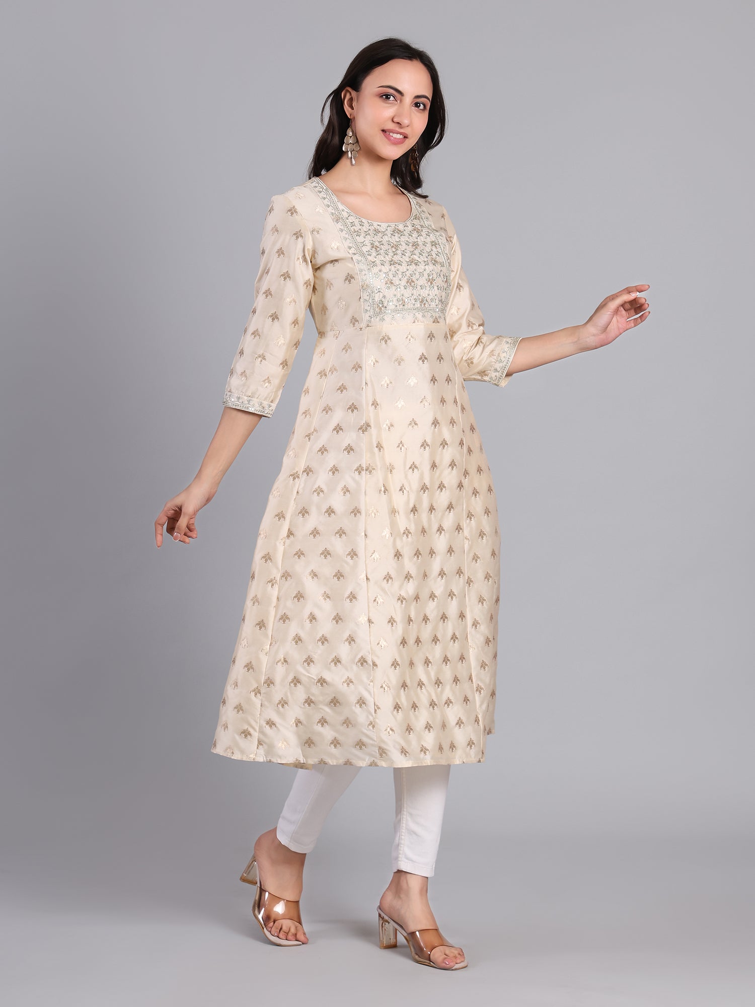 Elegant Gold Embroidered Beige Kurti with V - neckline for Women Women's Kurti - Monterowindia
