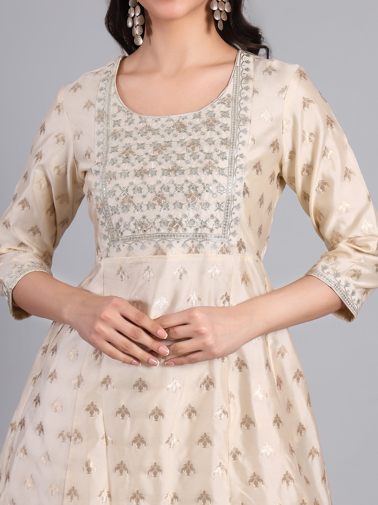 Elegant Gold Embroidered Beige Kurti with V - neckline for Women Women's Kurti - Monterowindia