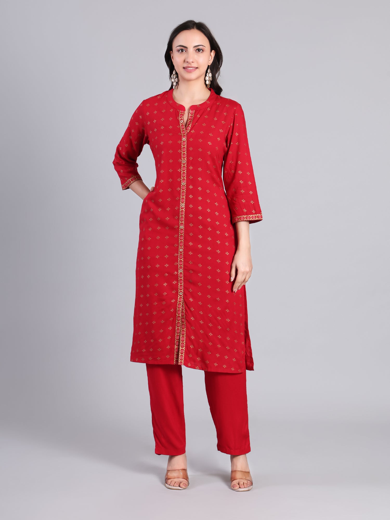 Elegant Red Kurti with Golden Embroidery for Women Women's Kurti - Monterowindia