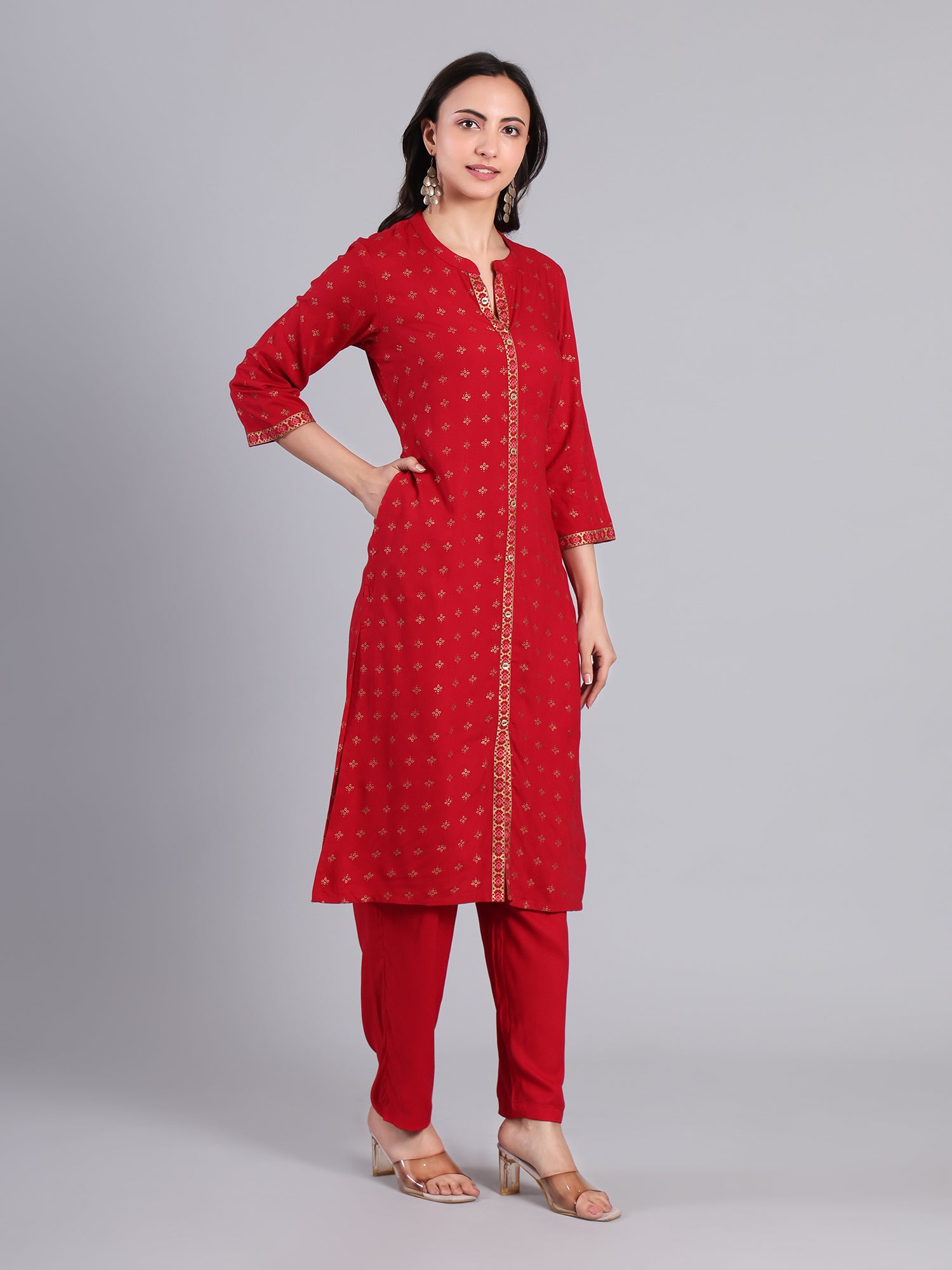 Elegant Red Kurti with Golden Embroidery for Women Women's Kurti - Monterowindia