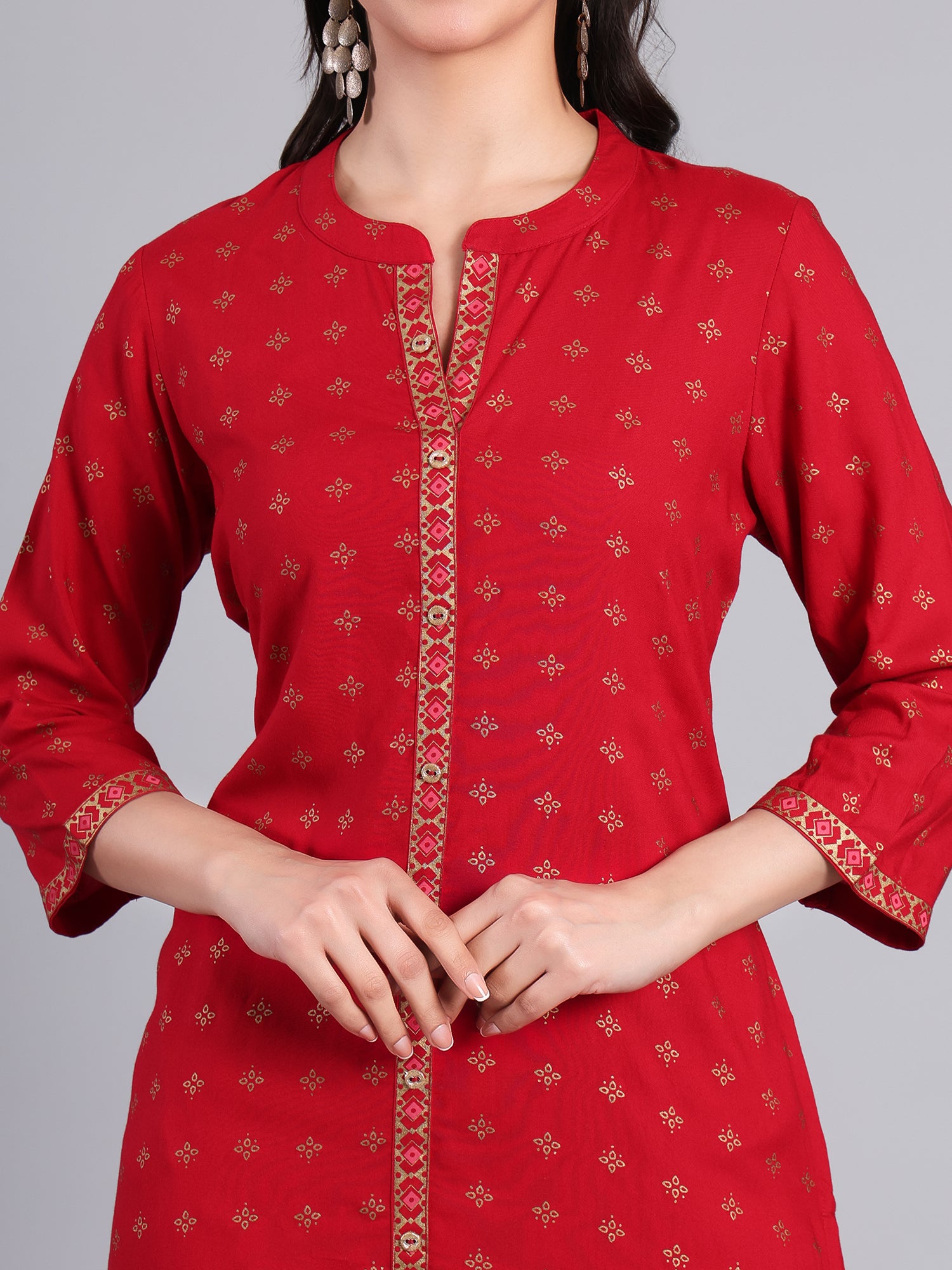 Elegant Red Kurti with Golden Embroidery for Women Women's Kurti - Monterowindia