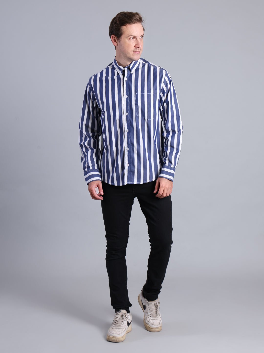 Men’s Navy Blue Striped Casual Shirt - Stylish Button - Down for Comfort & Fashion Men's Shirt - Monterowindia