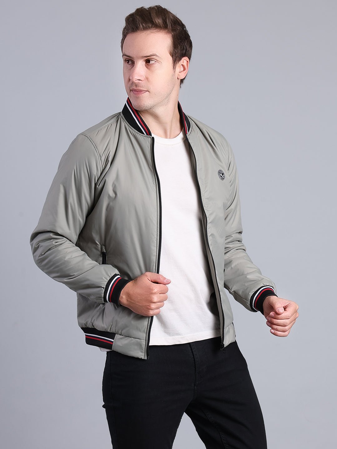 Men's Grey Bomber Jacket – Full Zip with Stylish Ribbed Details Men's Jacket - Monterowindia
