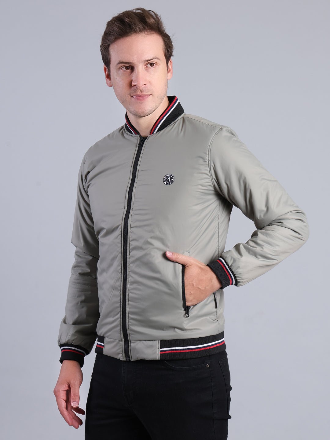 Men's Grey Bomber Jacket – Full Zip with Stylish Ribbed Details Men's Jacket - Monterowindia