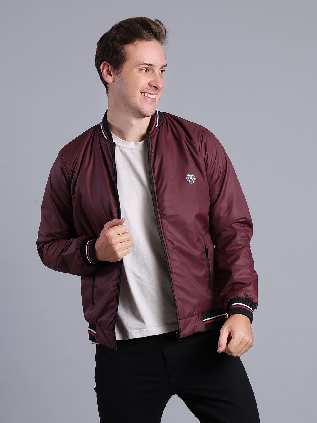 Men's Burgundy Bomber Jacket – Stylish Full Zip with Ribbed Collar & Cuffs Men's Jacket - Monterowindia