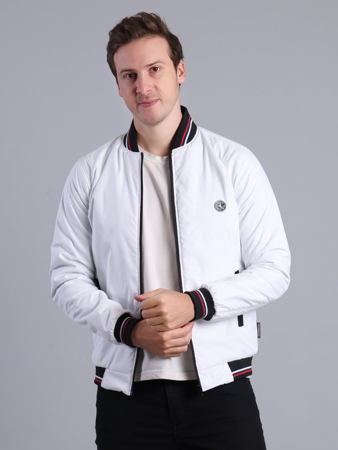 Men's White Bomber Jacket – Full Zip with Ribbed Collar & Cuffs Men's Jacket - Monterowindia