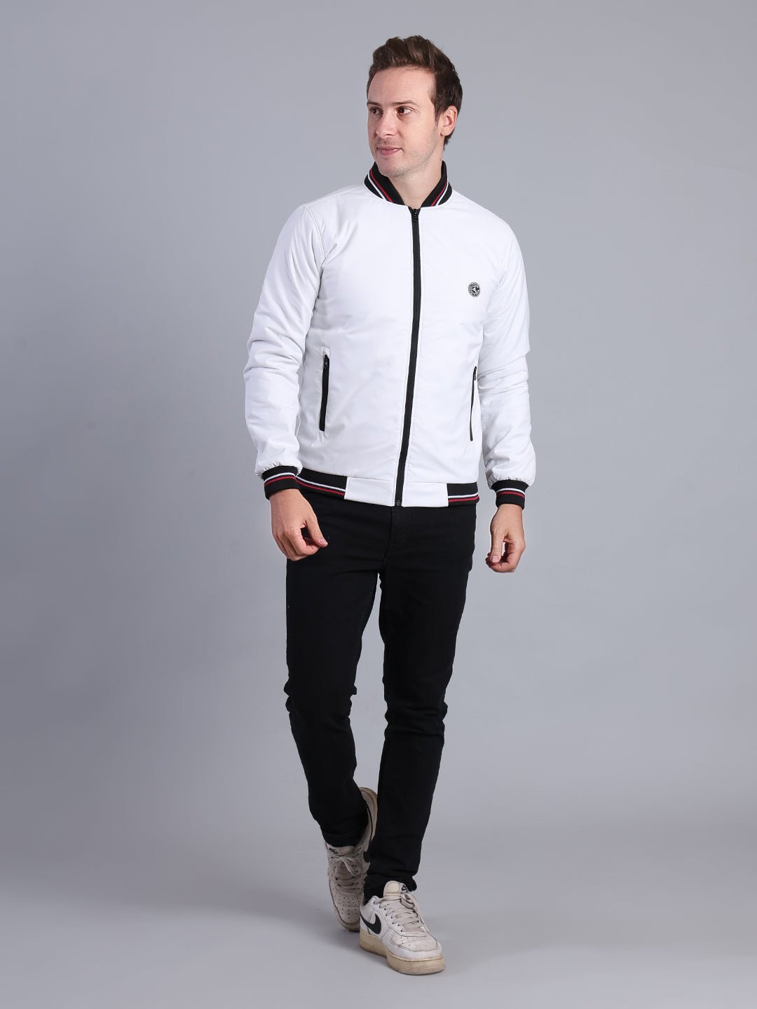 Men's White Bomber Jacket – Full Zip with Ribbed Collar & Cuffs Men's Jacket - Monterowindia