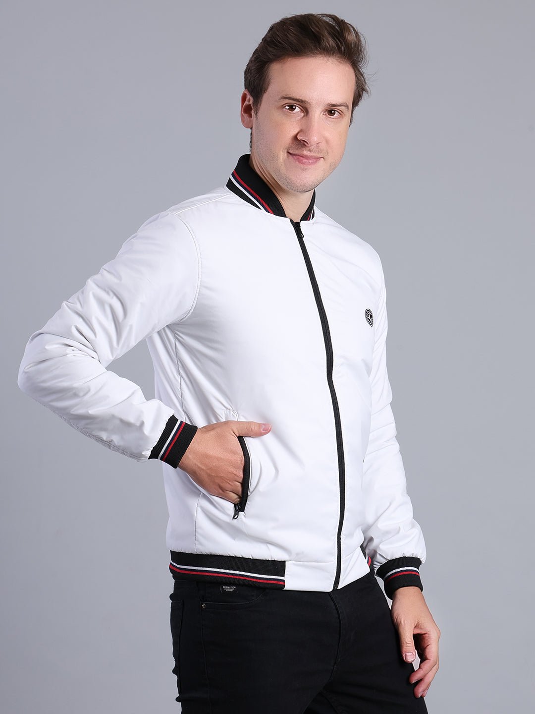 Men's White Bomber Jacket – Full Zip with Ribbed Collar & Cuffs Men's Jacket - Monterowindia