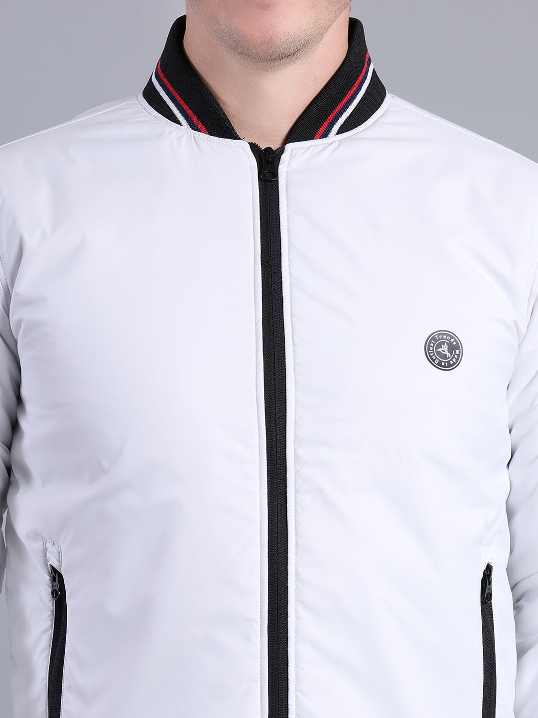 Men's White Bomber Jacket – Full Zip with Ribbed Collar & Cuffs Men's Jacket - Monterowindia