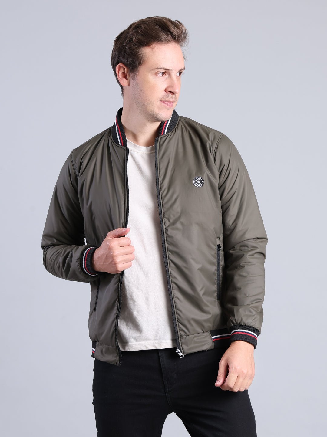 Men's Olive Green Bomber Jacket – Full Zip with Ribbed Collar & Cuffs Men's Jacket - Monterowindia