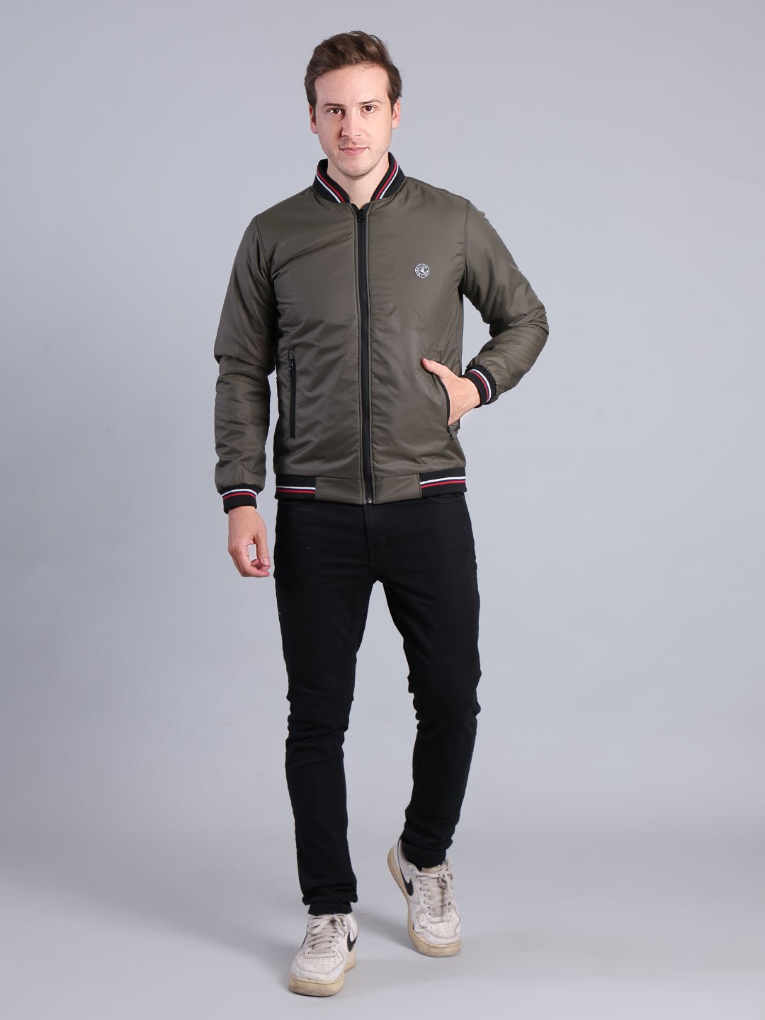 Men's Olive Green Bomber Jacket – Full Zip with Ribbed Collar & Cuffs Men's Jacket - Monterowindia