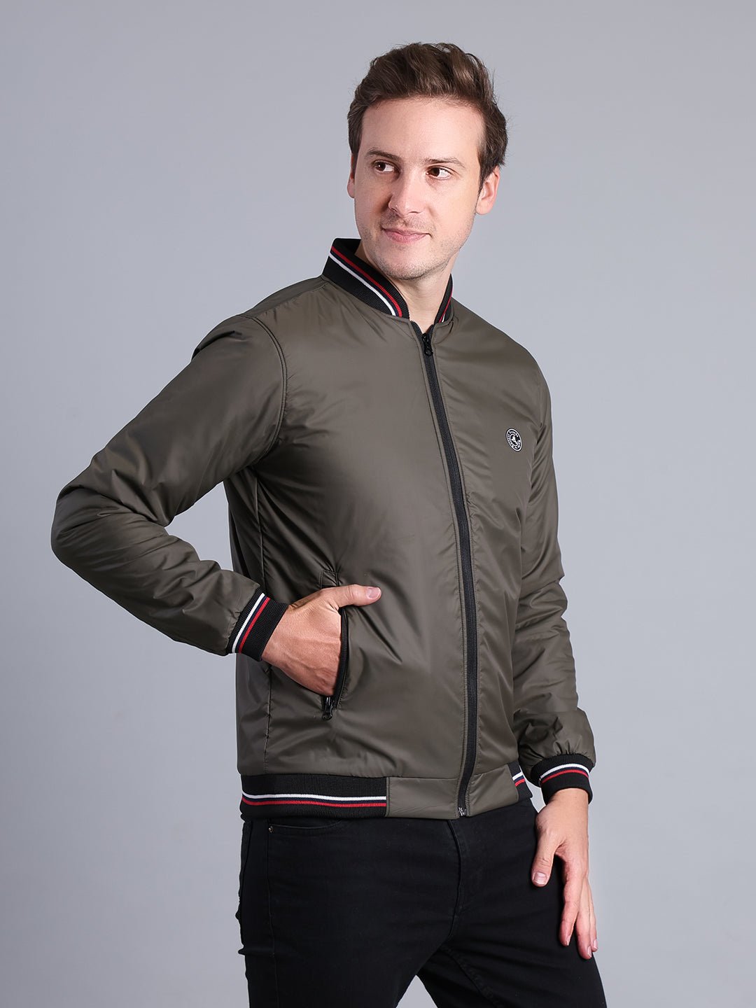 Men's Olive Green Bomber Jacket – Full Zip with Ribbed Collar & Cuffs Men's Jacket - Monterowindia